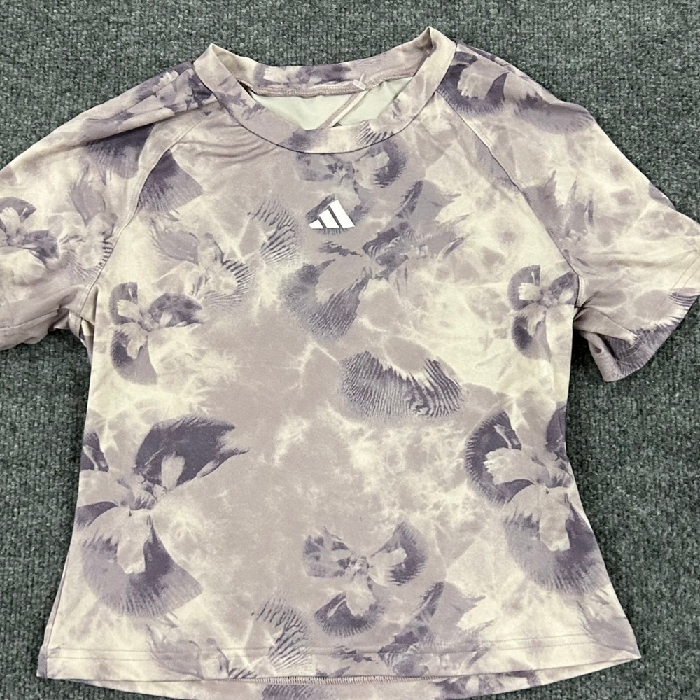 Adidas Shirt Womens Size S Purple Floral Tie Dye Aeroready Open Back Gym Top